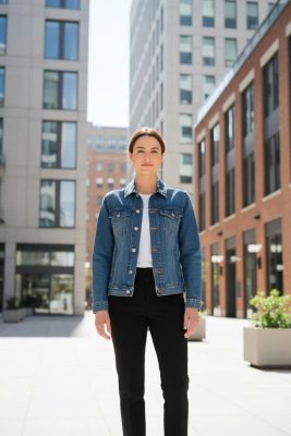 Áo khoác denim jean màu xanh cổ điển, bền đẹp