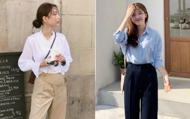 quần ống suông mặc với áo sơ mi